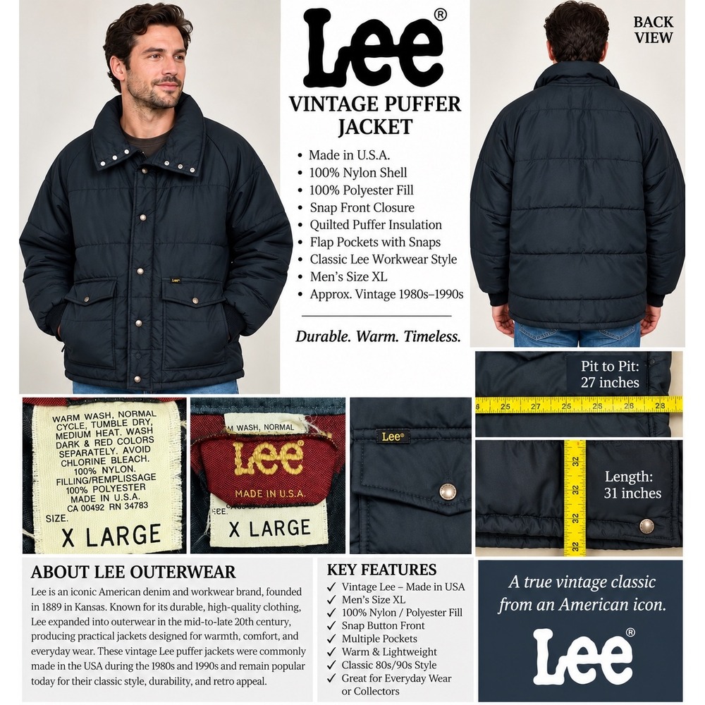 Vintage Lee 1980s Puffer Jacket XL Navy Quilted Nylon Made USA NWOT Workwear